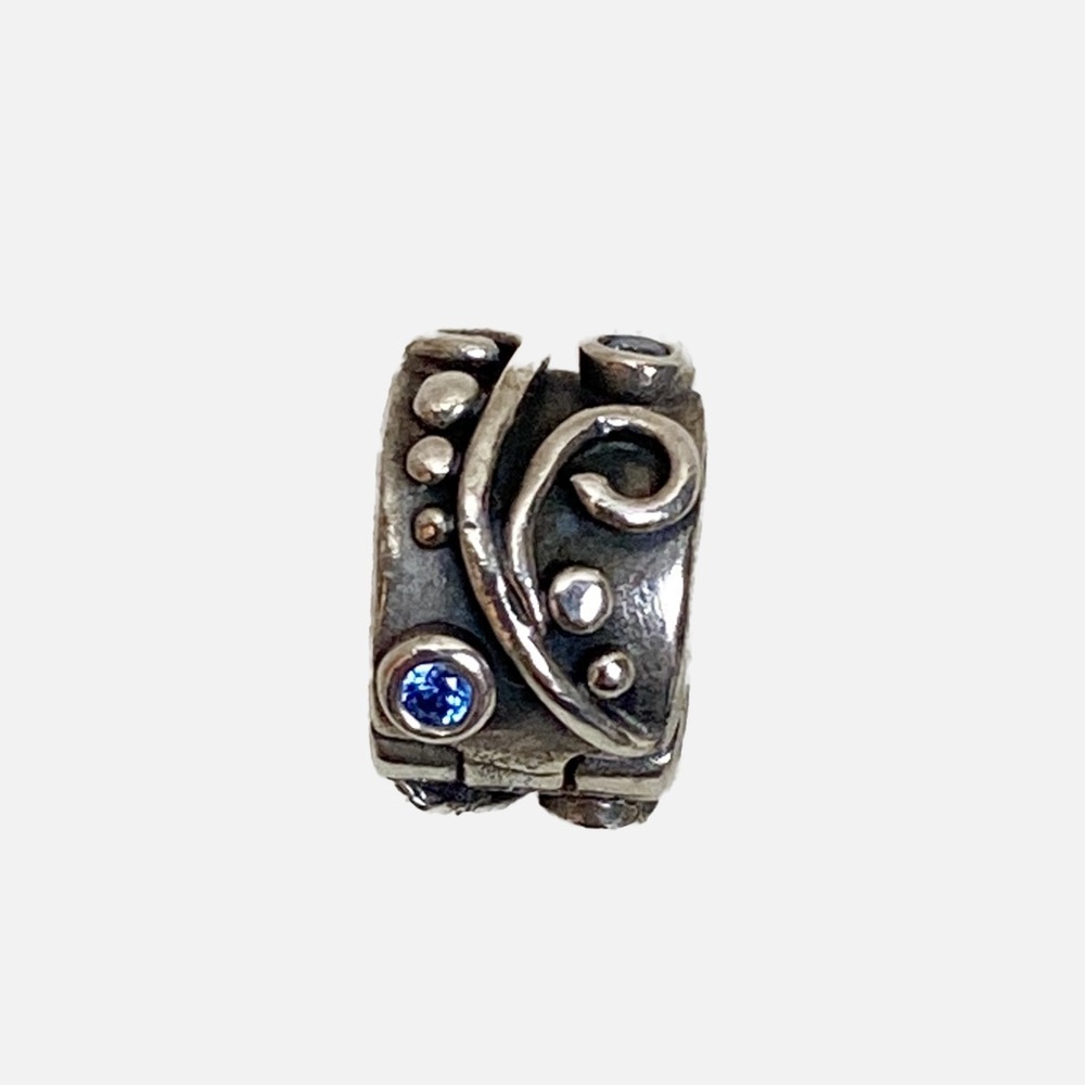 Retired HTF Pandora Blue Tendril Safety Clip Stopper w/ Blue CZ Charm Bead 925